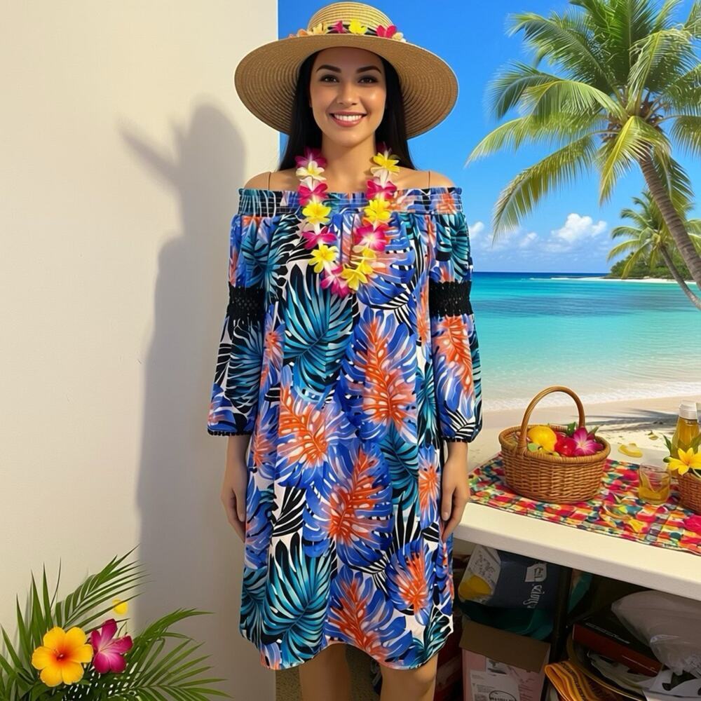 JLO Jennifer Lopez Midi Dress Size M Blue Tropical Off The Shoulder Flare Sleeve